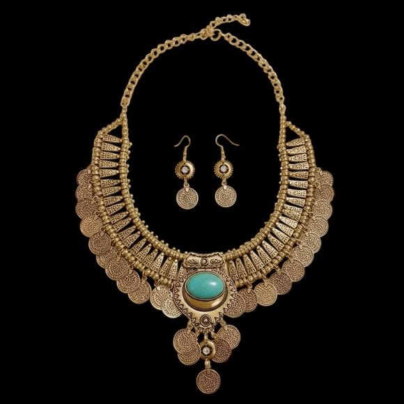NWT Gold Coin Statement Necklace & Earrings Set with Turquoise Accent - Picture 13 of 15